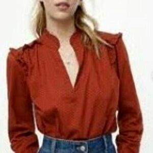 J. Crew Deep Rusty Burnt Orange Clip Dot Cotton Popover Top Ruffle Detailing XXS
